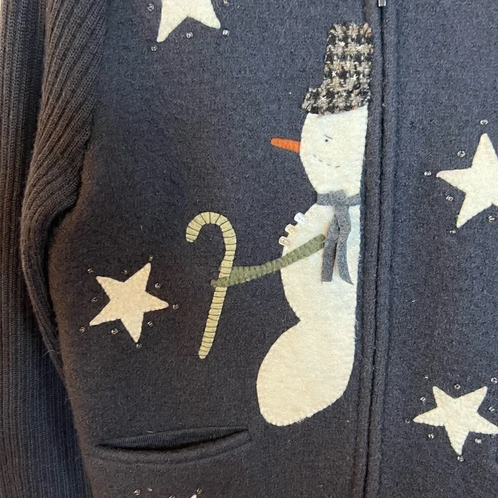 Christopher & Banks sweater women sz large  winter snowman zip front black wool